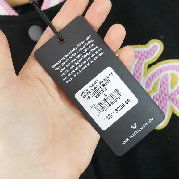 New Women’s True Religion Script Horseshoe Varsity Jacket Size L Pink Academia - Picture 3 of 11